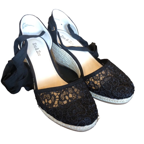 Eva & Zoe Shoes - Eva & Zoe Black Lace Wedge Heels size 7 1/2